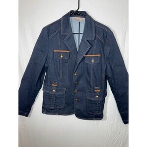 Tanjay Women's Denim Blazer Jacket Size 12 Dark Blue Gold Button Pockets Cute